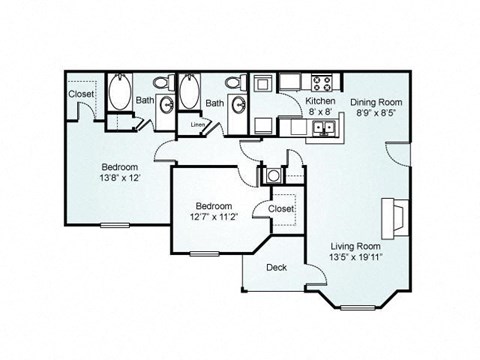 2-bedroom/1-bathroom floor plan layout with 1,114 square feet at Chace Lake Villas apartments for rent in Birmingham, AL